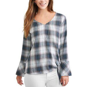 Time & Tru Blue Plaid Flannel V-Neck Long Sleeve Top With Tie Waist XL